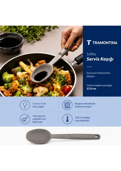 Tramontina Softta Silikon Servis Kaşığı Gri| Güçlendirilmiş Metal Gövde