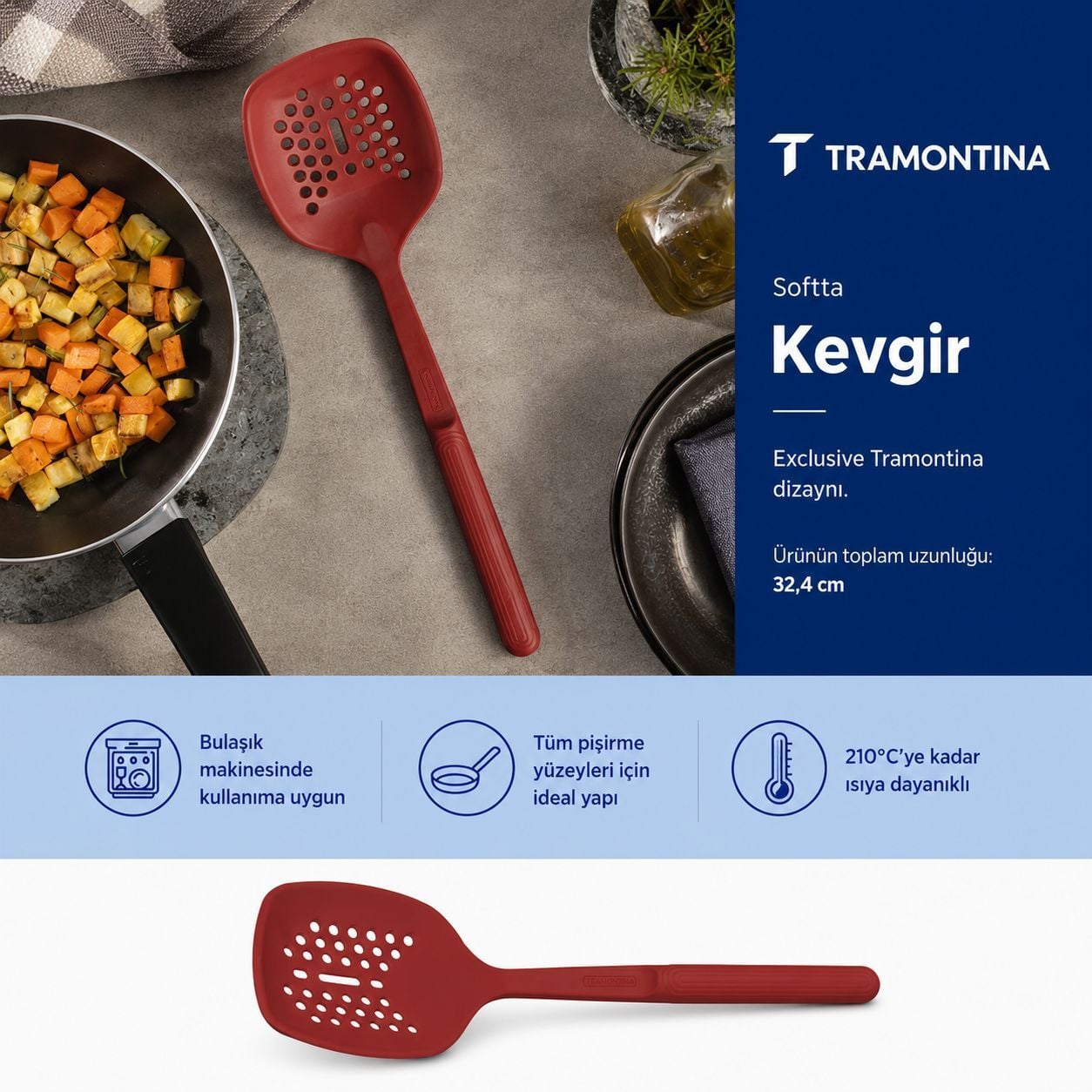 Tramontina Softta Silikon Kevgir Kırmızı | Güçlendirilmiş Metal Gövde
