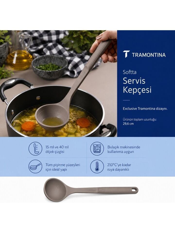 Tramontina Softta Silikon Servis Kepçesi Gri| Güçlendirilmiş Metal Gövde