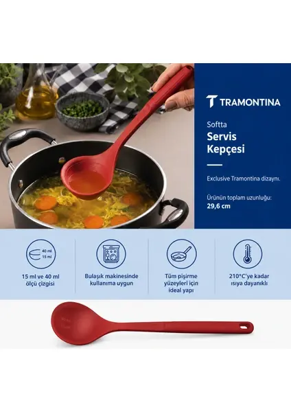Tramontina Softta Silikon Servis Kepçesi Kırmızı| Güçlendirilmiş Metal Gövde