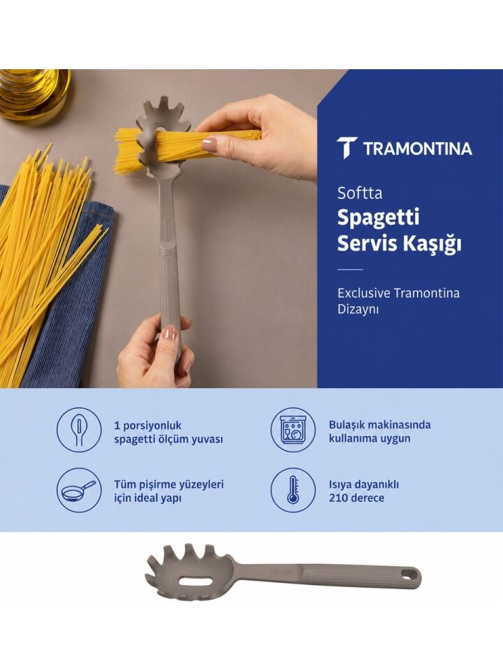 Tramontina Softta Silikon Makarna Kaşığı Gri| Güçlendirilmiş Metal Gövde