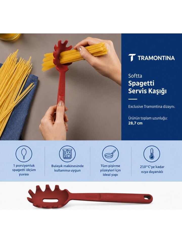 Tramontina Softta Silikon Makarna Kaşığı Kırmızı| Güçlendirilmiş Metal Gövde