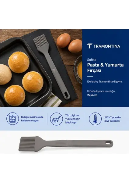 Tramontina Softta Silikon Yumurta Fırçası Gri| Güçlendirilmiş Metal Gövde