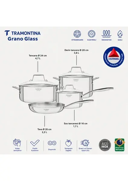 Grano Steel 7 Parça Pişirme Seti Cam Kapaklı