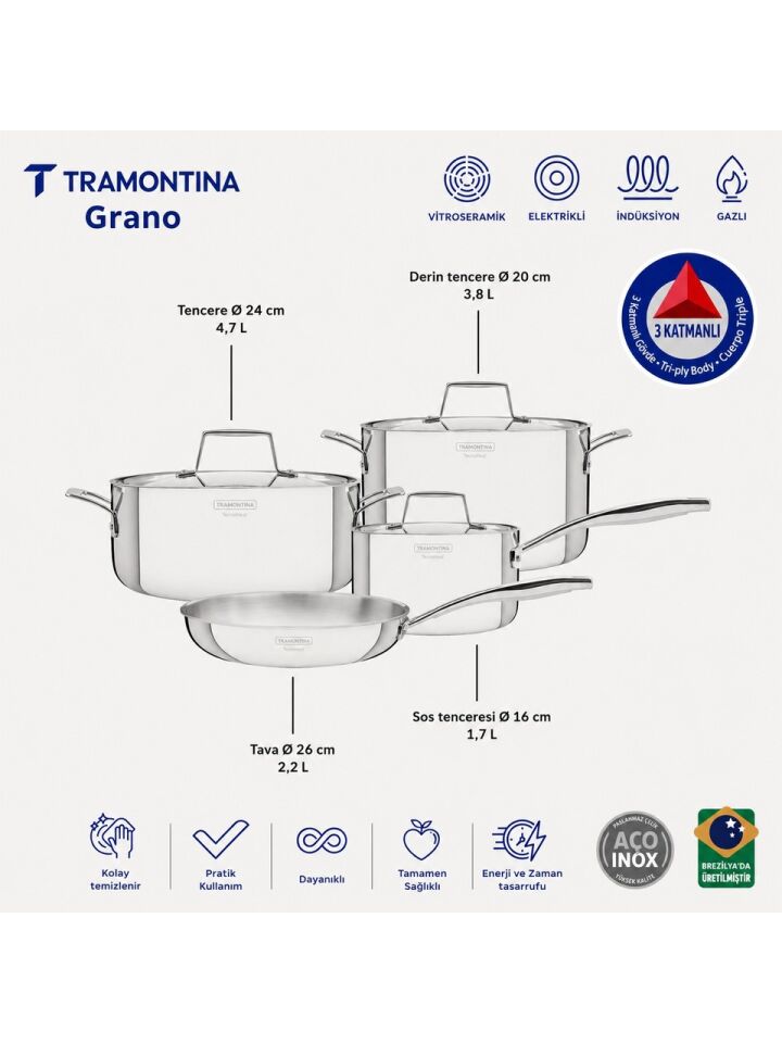 Tramontina Grano Steel 7 Parça Pişirme Seti Cam Kapaklı